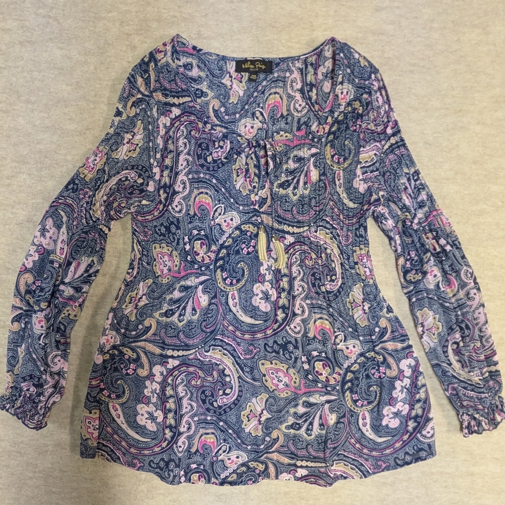Melissa Paige Pleated Paisley Top  Tassle Tie Flowy Blue, Pink, Tan Size PM